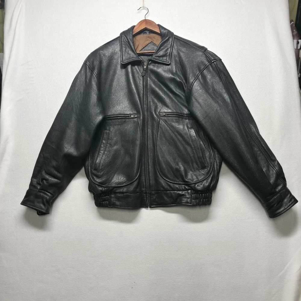 Vintage New River Men's Black Lamb Leather Bomber Jacket Size Large